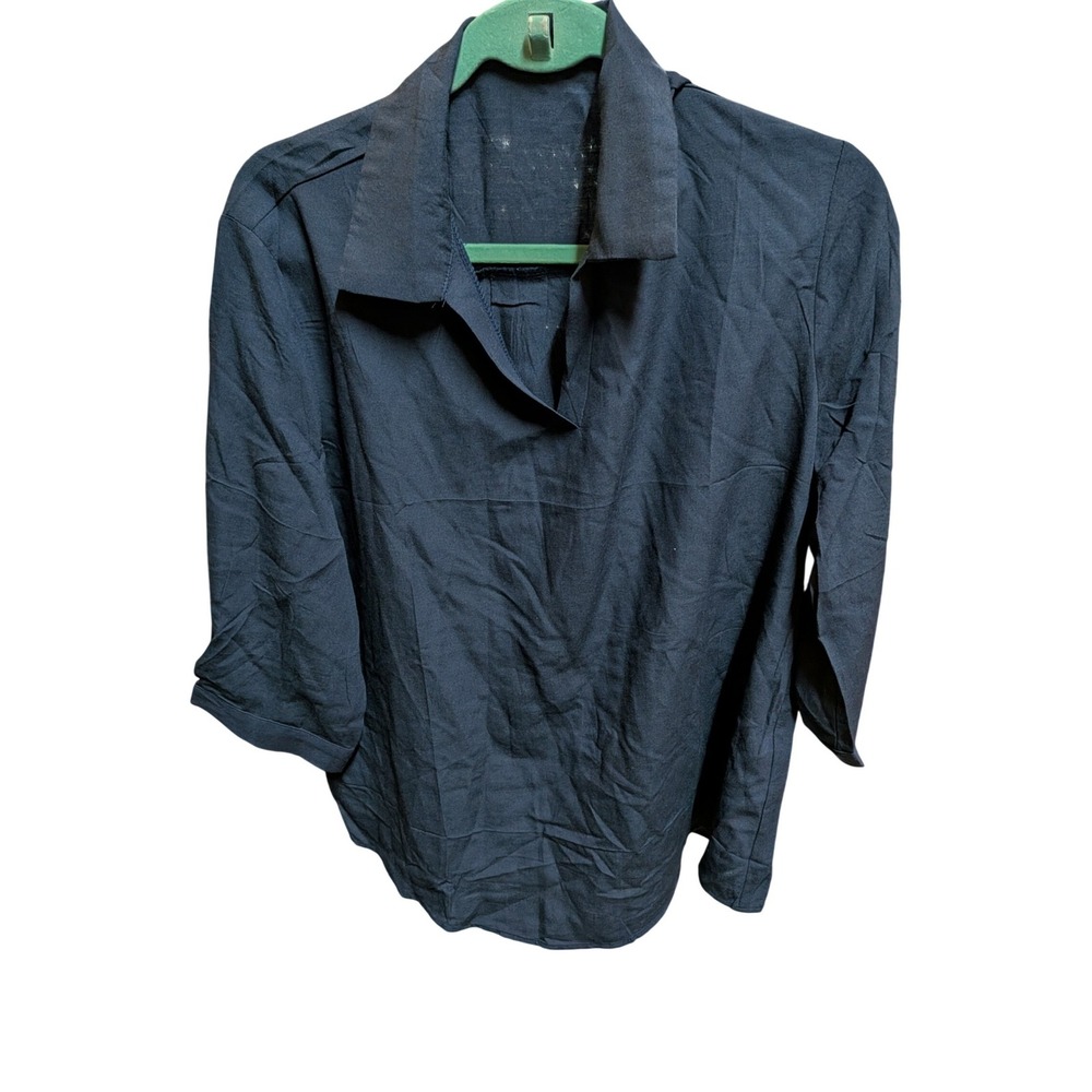 LOMON Womens Navy Blue Rayon Cotton Linen Blend 3/4 Sleeve V-Neck Tunic‎ Top L